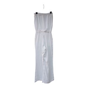 White Strapless Linen Jumpsuit Wide Leg Boho Coastal Beach Romper - Size Medium